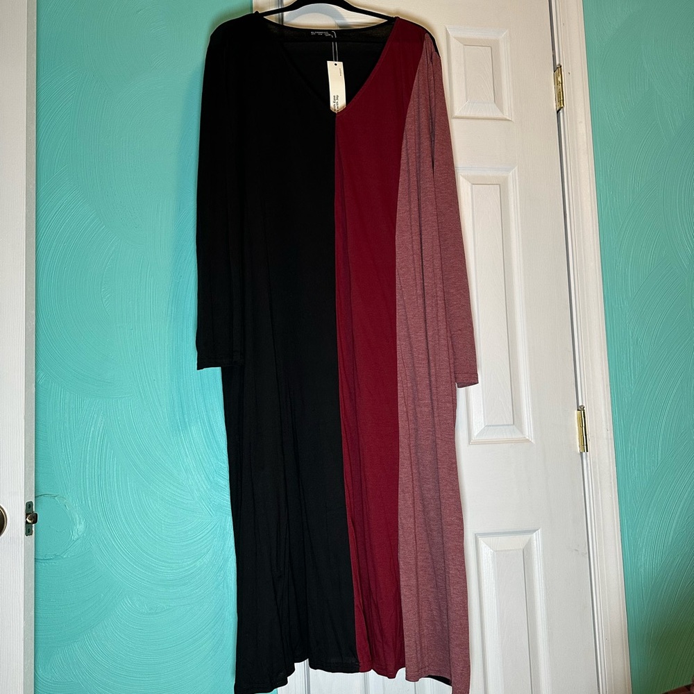 BloomChic Colorblock Long Sleeve Maxi Dress - Black, Burgundy & Dusty Rose